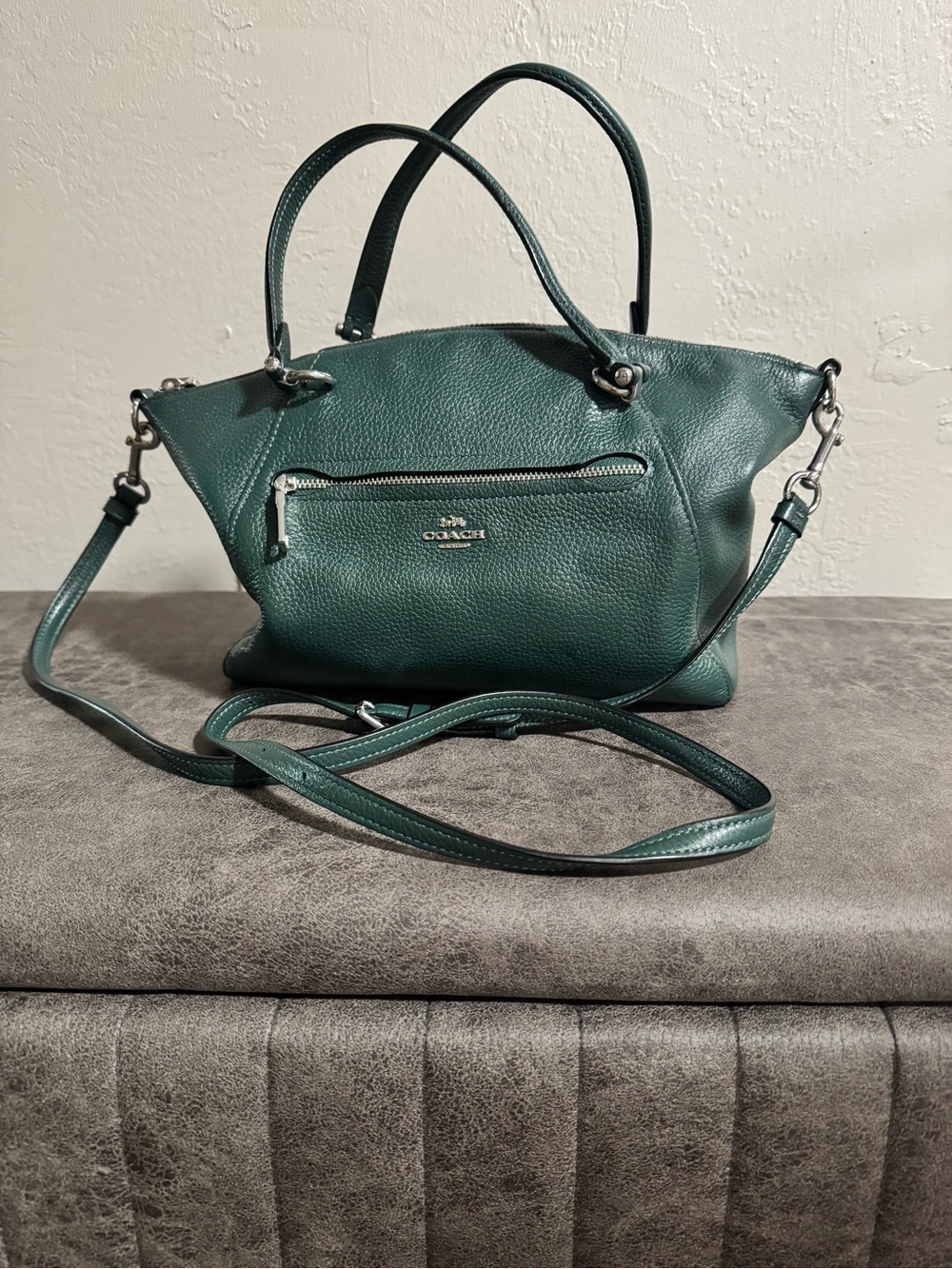 Coach Dark Green Pebbled Leather Satchel with Crossbody Strap